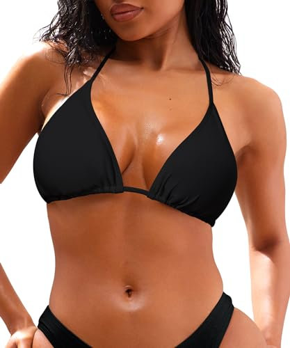 Coloquin Women's Bikini Top Sexy Triangle Bikini Tops Padded String Bikinis Swimwear Black S