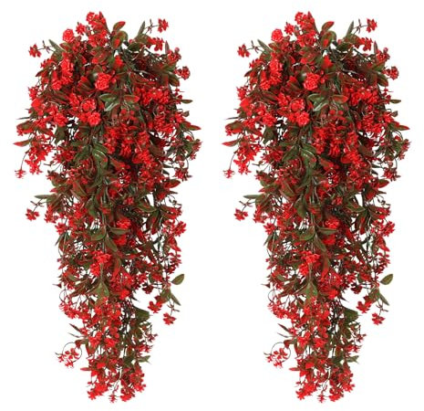 RECUTMS 2 Pack Artificial Greenery Plastic Flower Fake Hanging Plant Vines Plants UV Resistant for Outdoor Home Garden Wall Office Wedding Party Basket Decoration (Red)