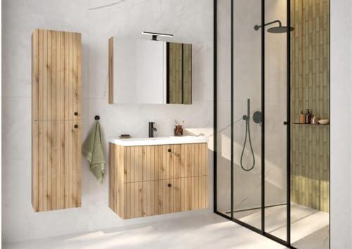 .Deftrans Badezimmermöbel-Set - Schrank mit Waschbecken 60, Waschtisch- Armatur, Hängeschrank und Wandschrank mit Spiegel Rietti, Badezimmermöbel-Set 3 Teile