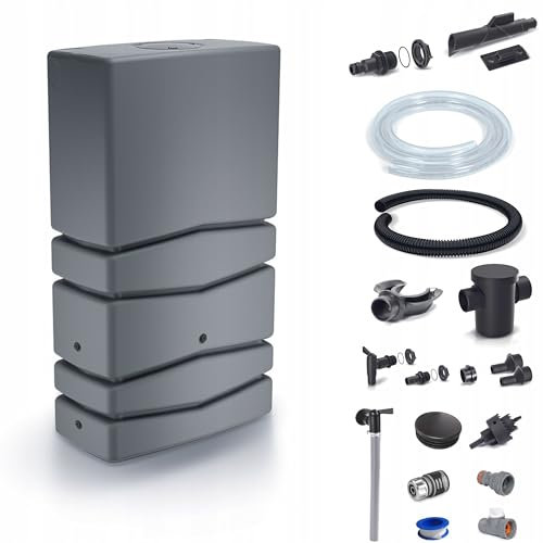 Dikel - Aqua Tower - Regentonne - Wassertank - Regenfass - Regenwassertonne mit Zubehör - Regenwassertank - Wassertonne, Wasserfass, Regenwasserspeicher - 350l, Grau