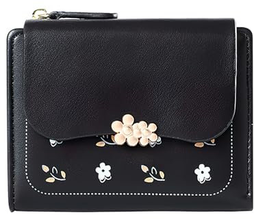 TNSLAND Fleurs Petit Porte Monnaie Femme, Cuir PU Portefeuille pour Femme, Porte Feuille Femme avec Compartiment pour la Monnaie, Mini Porte Monnaie Femme, Noir