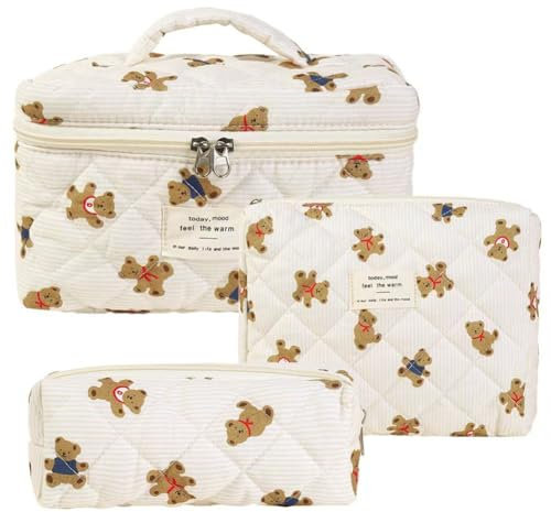 Rockreyoa Reise Kosmetiktasche Coquette Kosmetiktasche aus Baumwolle Groß Make Up Tasche Organizer mit Bürstenfach Kawaii Kulturbeutel Blumen Gesteppte Kulturtasche Bär #2 19 * 8 * 6cm