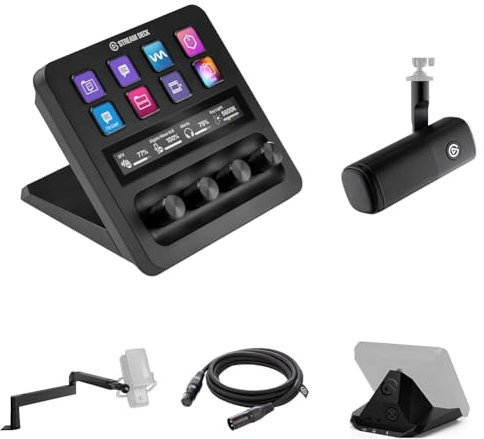Elgato Stream Deck + Audio-Bündel - Audio-Mischpult, Studio-Controller, Dynamisches XLR-Mikrofon, XLR-zu-USB-Mikrofonschnittstell, Abgeschirmtes Kabel, Prämie Niedriges Profil Mikrofonarm, PC/Mac