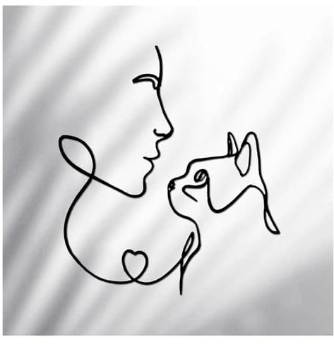 Arte de pared de metal con forma de gato,nueva decoración de pared de metal con forma de mujer mirando a un gato,arte de pared de animales,decoraciones de pared negras for el hogar,dormitorio