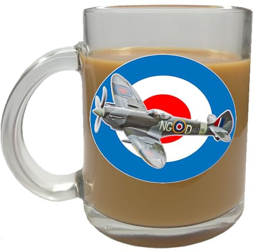 RAF Spitfire Flying Royal Air Force Plane Wartime Glass Mug Hygenic Dishwater and Microwave Safe Coffee Tea 10oz 295ml Man or Woman Present or Gift
