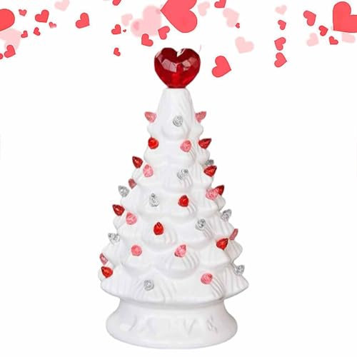 Árbol de mesa de cerámica - Decoración navideña iluminada, árbol de Navidad iluminado | Adorno de mesa de cerámica blanca con árbol luminoso de San Valentín, árbol de Navidad vintage con luces