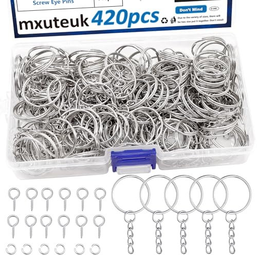 mxuteuk 420Pcs 1 Inch 25mm Keychain Making Kit, Including 140Pcs Keychain Rings with Chain,140Pcs Jump Ring,140Pcs Screw Eye Pins for Keychains/Jewelry/DIY Keychain Ring