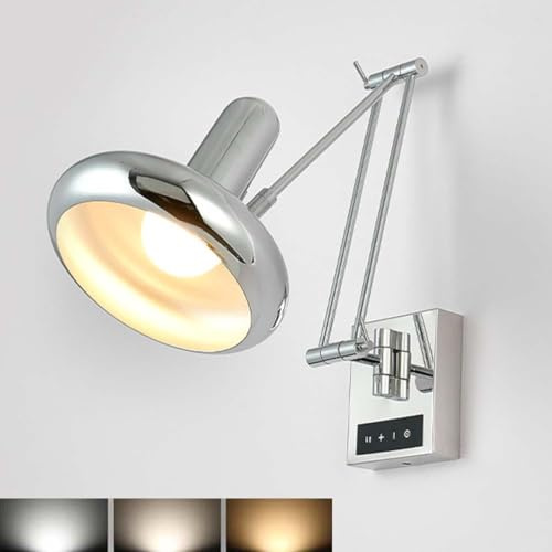 AoLa Chrom Wandleuchte Innen Schwenkarm Wandlampe mit Schalter Touch Dimmbar Langer Arm Leselampe Verstellbar Vintage Industrial Nachttischlampe Ausziehbar E27 Retro Wandbeleuchtung,Chrome