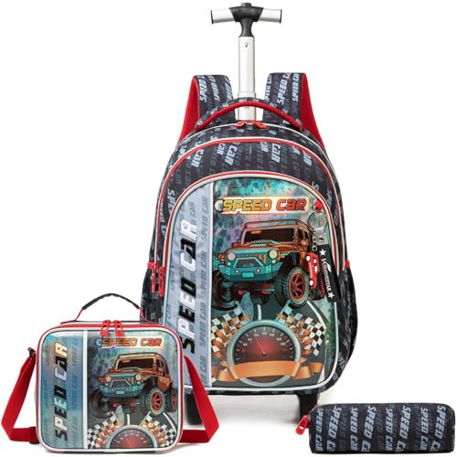 Egchescebo Kinder Rucksack mit Rollen Kinderkoffer 17” Jungen für Koffer Schultrolley Kindertrolley Trolley Groß Schultasche Handgepäck Kindergepäck 3pcs Sätze Geeignet Grundschüler Sand-Auto Rot