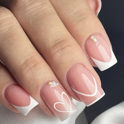 Virellay 24 Stück Square French Kurze Press on Nails, Nails Zum Aufkleben mit Herz Weiß Französischer, Short Künstliche Fingernägel Kurz für Frauen (Französisch mit Liebe, 24 pcs)