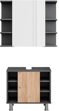 Vicco Badmöbel-Set Anthrazit/Goldkraft Eiche Fynn, bestehend aus Waschbeckenunterschrank, Spiegelschrank - Offene und geschlossene Fächer für Flexible Aufbewahrung