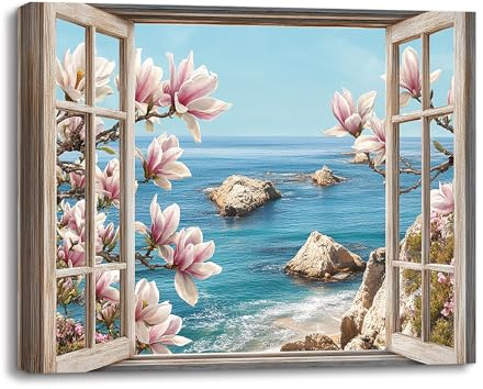 Piy Painting Aesthetic Fensterblick Wandbilder Mit Rahmen Wohnzimmer Blaue Ozeane Leinwand Bilder Schlafzimmer Blume Kunstdrucke Moderne Gemälde Wohnkultur Küche Wandkunst Malerei 30x40 cm/16×12inch