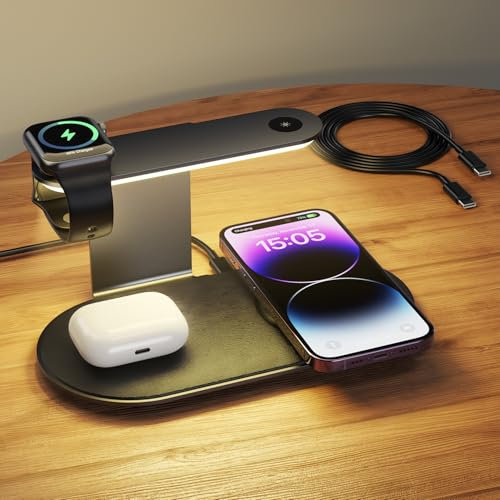 ORIA 4 in 1 Wireless Charging Station with Night Light, 22.5W Aluminum Alloy Charging Station with Overcharge Protection & Fast Charging for iPhone, Apple Watch, AirPods (No Adapter Included)