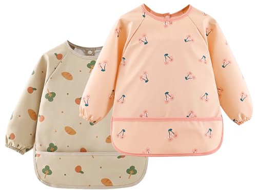 Wisebom Lätzchen zum Abstillen mit Langen Ärmeln, 2Pcs Wasserdichtes und Leicht zu Reinigen Lätzchen mit Tasche & BLW Baby Lätzchen Ärmellätzchen für Babys Kleinkinder 6-36 Monate