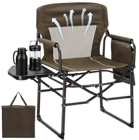 Bonnlo Camping Chairs for Adults Heavy Duty, Folding Directors Chair With Side Table, Cup Holder, Storage Pocket, Supports Up to 120KG, Portable for Outdoor Garden Fishing Festival BBQ (Brown, 1pc)