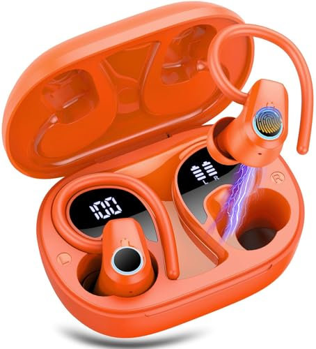 Wireless Earbuds, Bluetooth 5.3 Headphones with 4 ENC Noise Canceling Mic, 50H Stereo Dual LED Display Ear Buds, Sport Wireless Earphones with Earhooks, IP7 Waterproof Wireless Headphones Gym, Orange