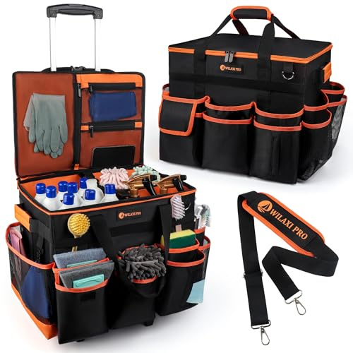 WILAXI PRO Large Rolling Cleaning Caddy with Wheels and Detachable Trolley, Extra Large Water-Resistant Cleaning Cart for Housekeepers, Cleaning Supplies Organizer with Multi-Pockets Tools Storage