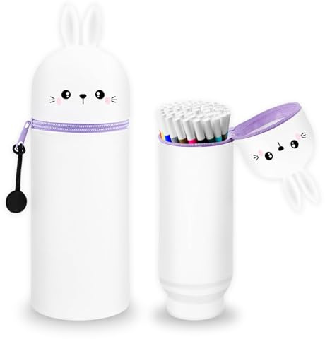 Zyluniy Silikon Federmäppchen, Süßes Federmäppchen aus Weichem Silikon, Kawaii Cartoon Stand-Up Design, Lustiges Mäppchen Original für Schule & Büro (Kaninchen)
