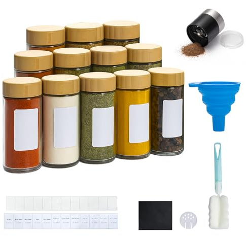 BLUE BAZAAR Glass Spice Jars Set 120ml Clear Kitchen Storage Jars with Airtight Wooden Lids, Glass Spice Jars Funnel & Chalkboard Labels – Seasoning Containers for Herbs & Spices (Bamboo Lid, 12PCS)