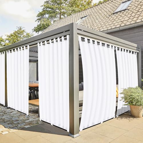 2 Stücke Outdoor Vorhang Wetterfest mit Klett-Schlaufen, Outdoorvorhänge Balkon Vorhang Terrasse Vorhänge Outdoor Gardinen Sonnenschutz & Sichtschutz Vorhänge mit Schlaufen Unten, H220 x B155 cm, Weiß
