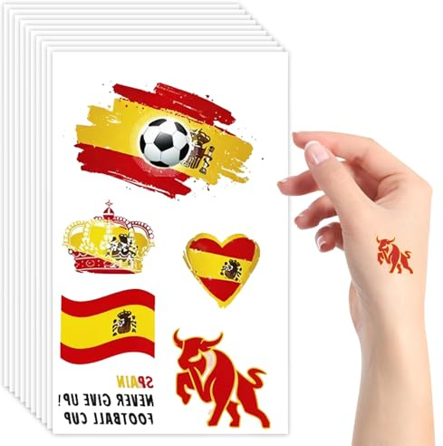 BDEPSTR 10 Hojas Tatuajes Temporales Bandera de España, Pegatinas de Fútbol Impermeables para Cara y Cuerpo, Accesorios de Animación para y Eventos Deportivos, 120x75mm
