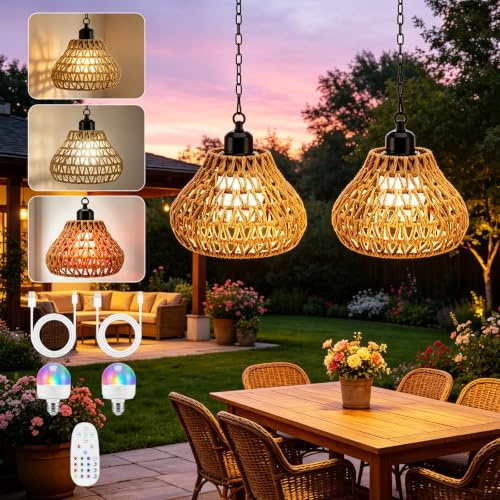 Normodic 2 Stück hängelampe outdoor mit Fernbedienung, Boho Batteriebetriebene Lampe Hängeleuchte Ohne, IP65 Hängeleuchte Boho Rattan, Tragbare für Innen Außen Garten Terrassen Schlafzimmer Esstisch