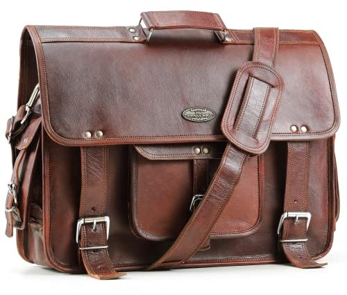 Handmade World Laptop-Kuriertasche aus Leder für Herren und Damen, Executive Elegance, passend für 40,6 cm (16 Zoll) Computer-Umhängetasche, Aktentasche für Arbeit, Büro (Braun, 38,1 cm)