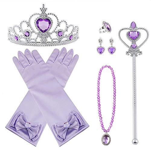 Vicloon Prinzessin Kostüme Eisprinzessin Set of 9, ELSA Handschuhe, Pfirsichherz Krone, Zauberstab, Halskette, Ring, Ohrring (Lila)