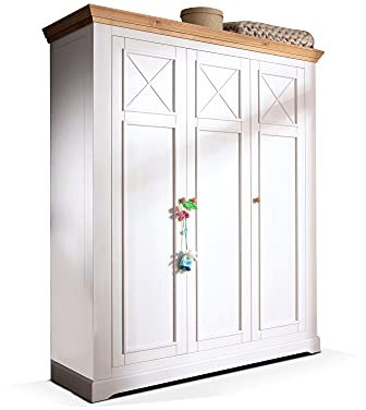 Carly Kleiderschrank, Material Massivholz, Kiefer Weiss/eichefarbig