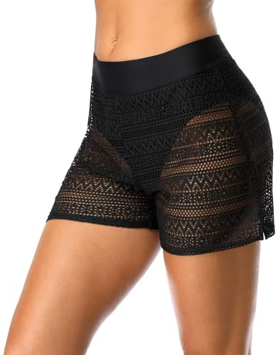 CharmLeaks Women Swim Boardshorts Mesh Boyleg Swimming Shorts Crotch Bottoms Black XL