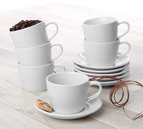 Holst Porzellan KT 004 SET 12 Porzellan Kaffeetasse 22 cl mit Untere Set 12-tlg, 14 x 7 cm 0,22 l, weiß