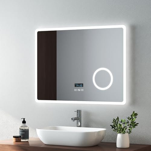 EMKE 800 X 600 mm LED Illuminated Bathroom Mirror with Bluetooth Heated Demister Pad and Magnification, Wall Mounted Touch Sensor Bathroom Mirrors Anti Fog Adjustable Brightness for Makeup Cosmetic