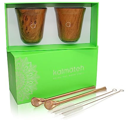 Kalmateh Yerba Mate Small Zucca Set di 2 tazze Mate include 2 Bombillas e una spazzola per la pulizia, doppia parete in acciaio inox 18/8 (legno, 141,7 g)