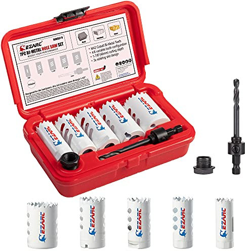 EZARC Lochsäge, 7 PCS Lochsäge Kit mit 5 Sägeblättern 22-38mm, 1 Dornen mit Adapter, Lochsägensatz ideal für Präzise Löcher in Weichholz, Metall, PVC-Platte und Kunststoff