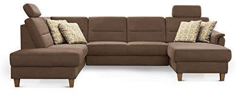 CAVADORE U-Form-Sofa Palera / Federkern-Wohnlandschaft mit 2 Kopfstützen / 314 x 89 x 212 / Mikrofaser, Hellbraun