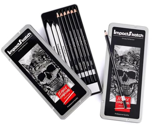 ImpactSketch Charcoal Pencil Set - 11 Pcs for Drawing & Sketching | Includes 4 Shades, Sharpener, Eraser & Tortillons | Professional Quality Art Supplies for Artists & Students