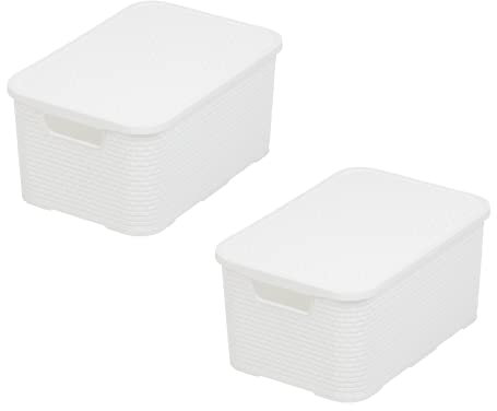 BranQ - Home essential Korb mit Deckel in Rattan Design 2er Set Grösse S 7l, BPA-frei Kunststoff PP, Weiß, 28,5x19,5x12,9 cm, 2 Stk.
