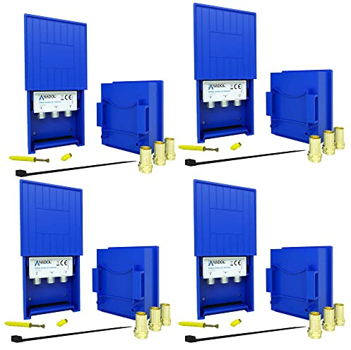 4X Anadol 2/1 Gold Line DiseqC Schalter mit Wetterschutz, Verteilung von 2 Satelliten auf 1 Teilnehmer, Full HD 4K, Switch für Sat Receiver + 12x vergoldet F-Stecker + Kabelbinder + Dübel Schrauben