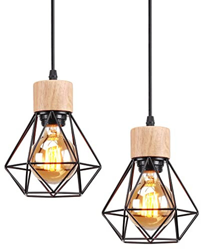 TOKIUS Pendelleuchte Vintage Industrial 16CM Hängelampe Geometrischem Design E27 Lampe aus Holz Eisen Käfig Lampenschirm Schwarz Hängeleuchte für Esstisch Küche (Pendellampe 1-flammig, 2 Stücke)