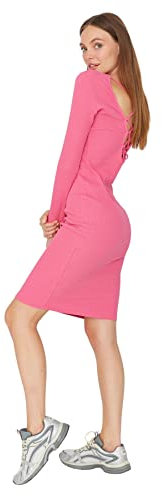 Trendyol Robe Moulante en Tricot à col Rond pour Femme, Rose, Taille XS