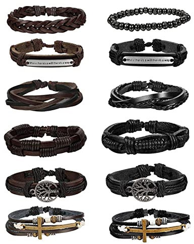 KALVICA 12 Pezzi Braccialetti in Pelle Intrecciata per Uomo Donna Bracciale Cuoio Uomo Set Albero della Vita Bracciali Nero Marrone Vintage Punk Braccialetto Regolabile