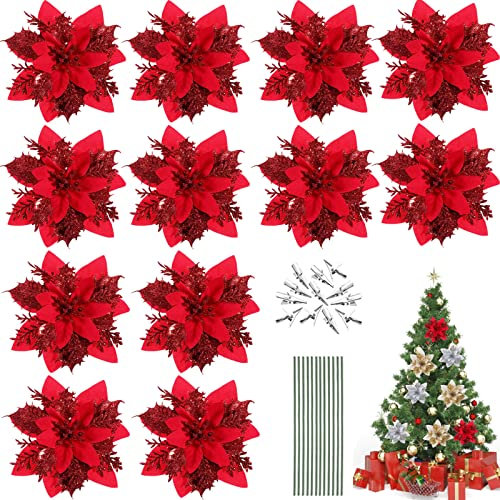 Qunkun 12 Stück Weihnachten Glitzer Weihnachtsstern Künstliche Blumen, Weihnachtsstern Deko Blumen, Weihnachtsblumen, Christbaumschmuck, Weihnachten Blumen mit 12Pcs Vorbauten und Clips
