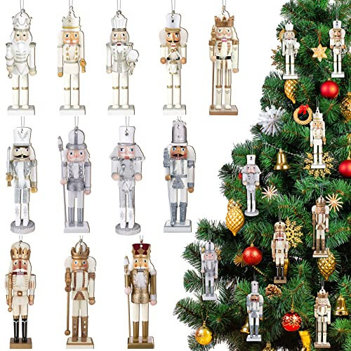 Woanger 48 Pcs Christmas Nutcracker Soldier Ornaments, Gold & Silver Glittered, Hanging Christmas Ornaments, Mini Wooden, Xmas Tree Decorations