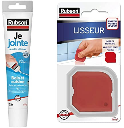 Rubson Je Jointe Mastic Transparent 50 ml, mastic étanche anti-moisissure en tube prêt à l'emploi, mastic silicone pour joints sanitaires spécial Bain & Cuisine & Lisseur Accessoire Mastic, Rouge