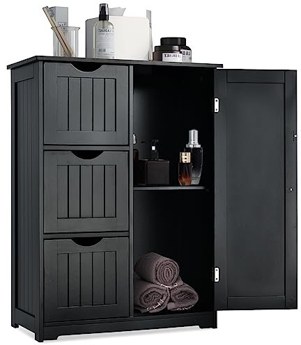CASART Storage Cabinet, Bathroom Floor Cabinet with 1 Cupboard and 3/4 Drawers, Wooden Freestanding Cupboard for Living Room, Bathroom, Entryway and Office (Black, with 3 Drawer)