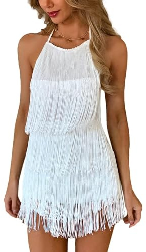 Sexy Backless Fringe Dress - Womens 1920s Flapper Tassel Halter Playsuit Romper Vintage Latin Dance Party Dresses
