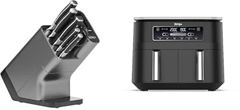 Bloc-couteaux Ninja Foodi StaySharp avec Affûteur, 6 Pièces Aiguisés, Acier Inoxydable, K32006EU + Ninja Foodi Dual Zone Airfryer Digital, 2 Tiroirs, 7,6L, 6-en-1, Sans huile, AF300EU