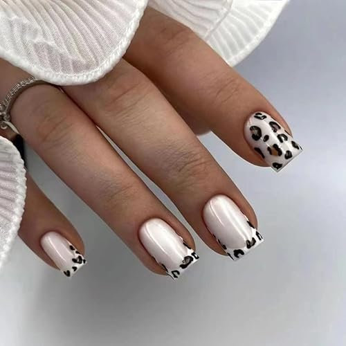 VEBONNY Faux ongles Aurora en forme de cercueil carré avec imprimé léopard français noir et marron - Longueur moyenne - En acrylique nacré argenté - Vebonny FN-ST094