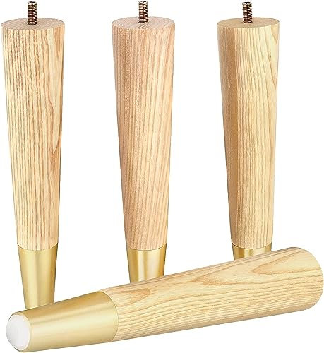 Ash Wood Furniture Legs With Gold Caps - Mid Century Legs For Sofa, Armchair, Cabinet, Chair, Footstool, Bed, Ottoman -Wooden Legs Are Easy To Install & Include Installation Hardware-Set of 4(10 inch)