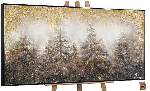 YS-Art Abstrakt Acryl Gemälde auf Leinwand morgens im Wald handgemalt Wandbilder Wohnzimmer modern Wohndekor Bilder Büro gold braun echte Kunst mit Rahmen 200x100 cm